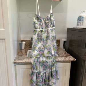 For Love & Lemons Women’s Meadow Bustier Corset Lavender Floral White Maxi Dress